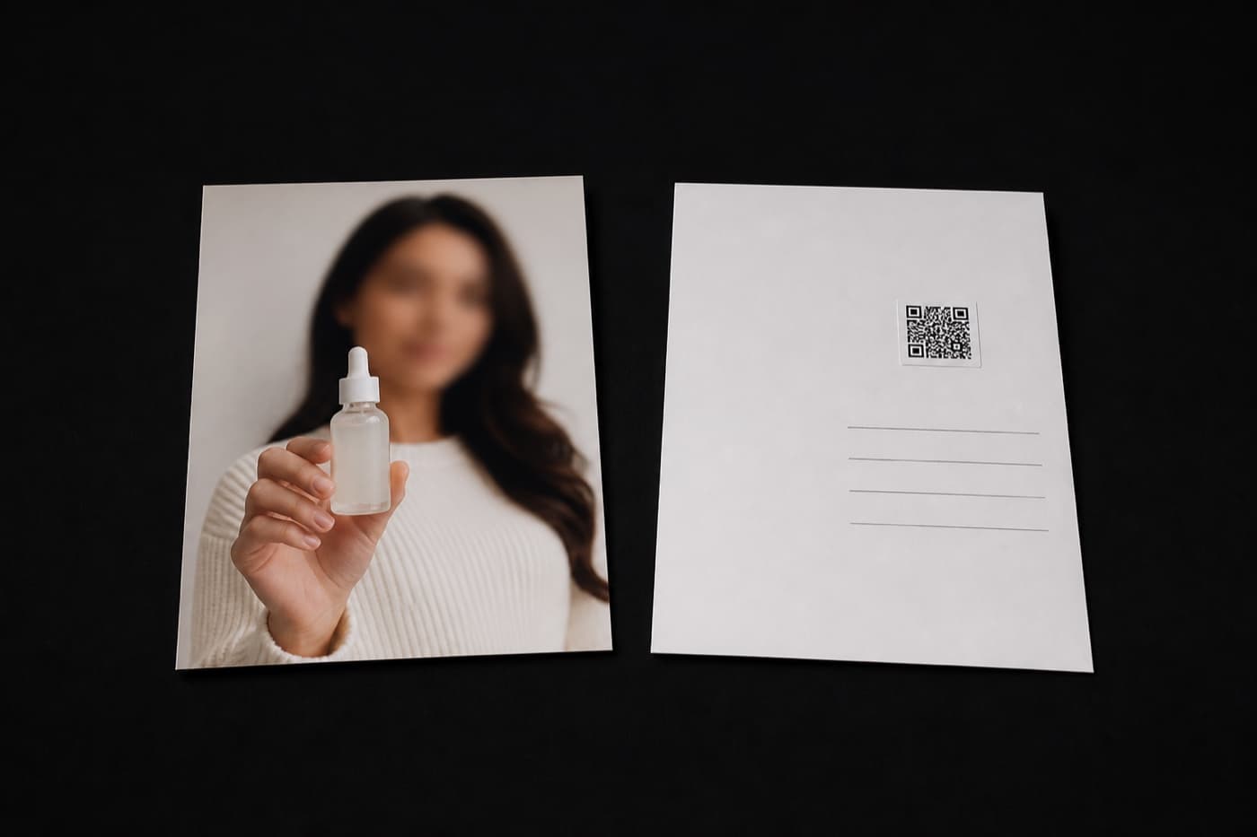 검은 테이블 위 인화 사진 두 장 — 왼쪽은 세럼 병을 든 모델의 광고 앞면, 오른쪽은 같은 사진의 뒷면에 붙은 작은 QR 스티커
