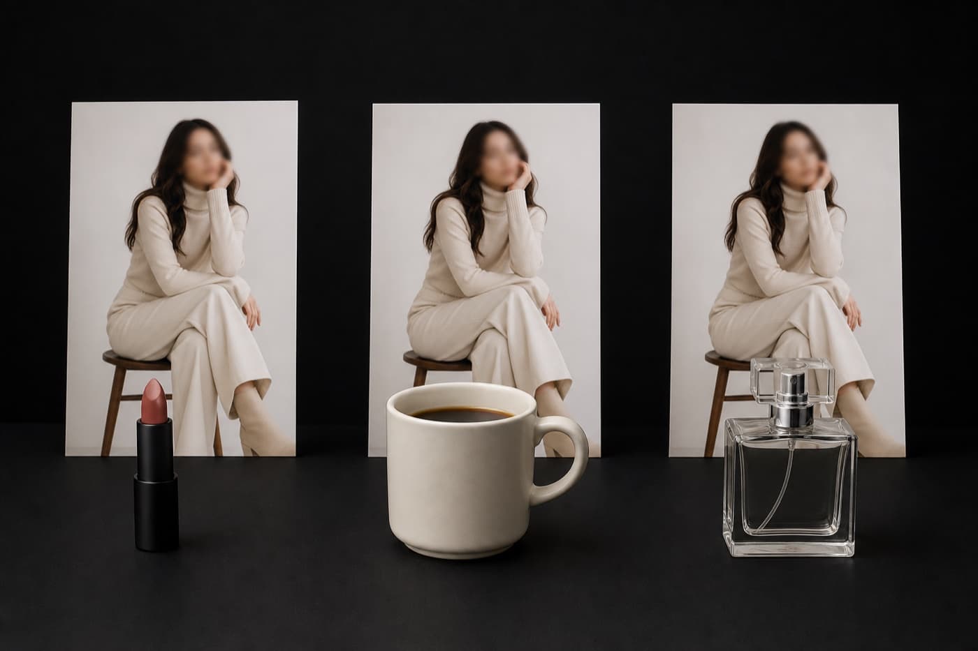 같은 모델의 인화 사진 세 장이 나란히 놓여 있고 각 사진 앞에 립스틱·커피잔·향수병이 하나씩 있다