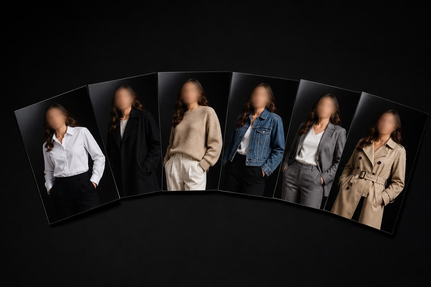 검은 테이블 위에 같은 모델의 인화 사진 여섯 장이 부채꼴로 펼쳐져 있고 사진마다 착장이 다르다
