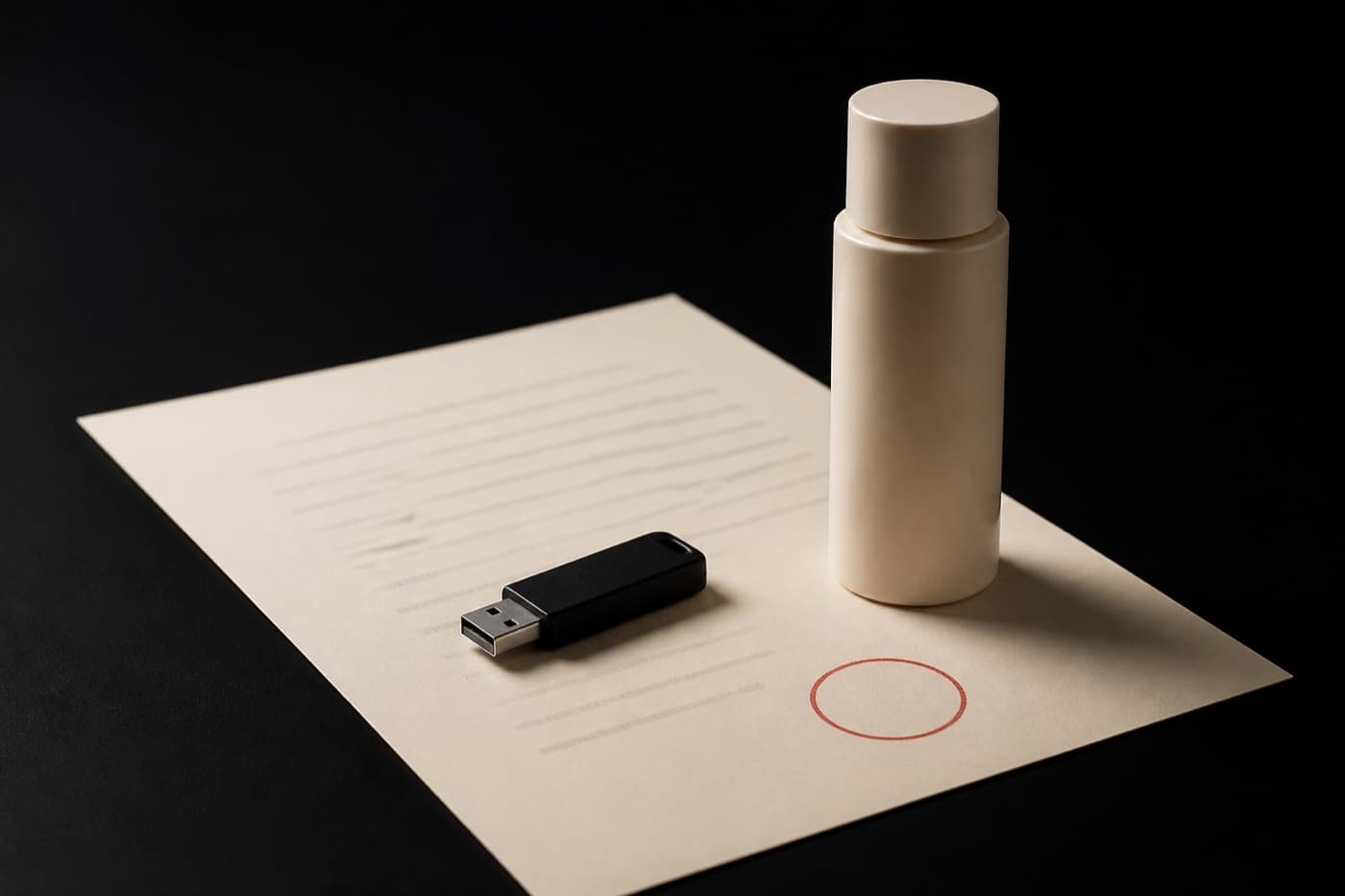 검은 테이블 위 크림색 종이 한 장에 붉은 인장 자국, 종이 위에 작은 USB 메모리, 옆에 실물 화장품 병