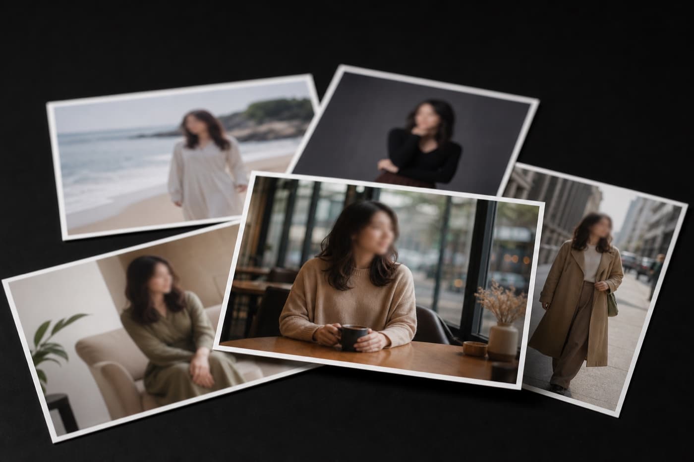 같은 여성 모델이 찍힌 인화 사진 여러 장이 겹쳐 펼쳐져 있고, 사진마다 옷과 배경이 전부 다르다