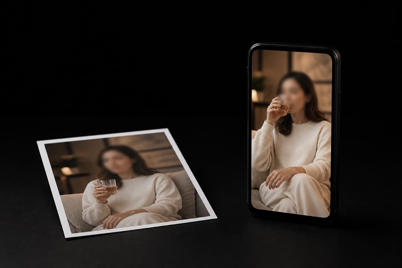 왼쪽에 음료를 든 모델의 인화 사진, 오른쪽 세로 스마트폰에는 같은 장면의 조금 다른 순간이 떠 있다