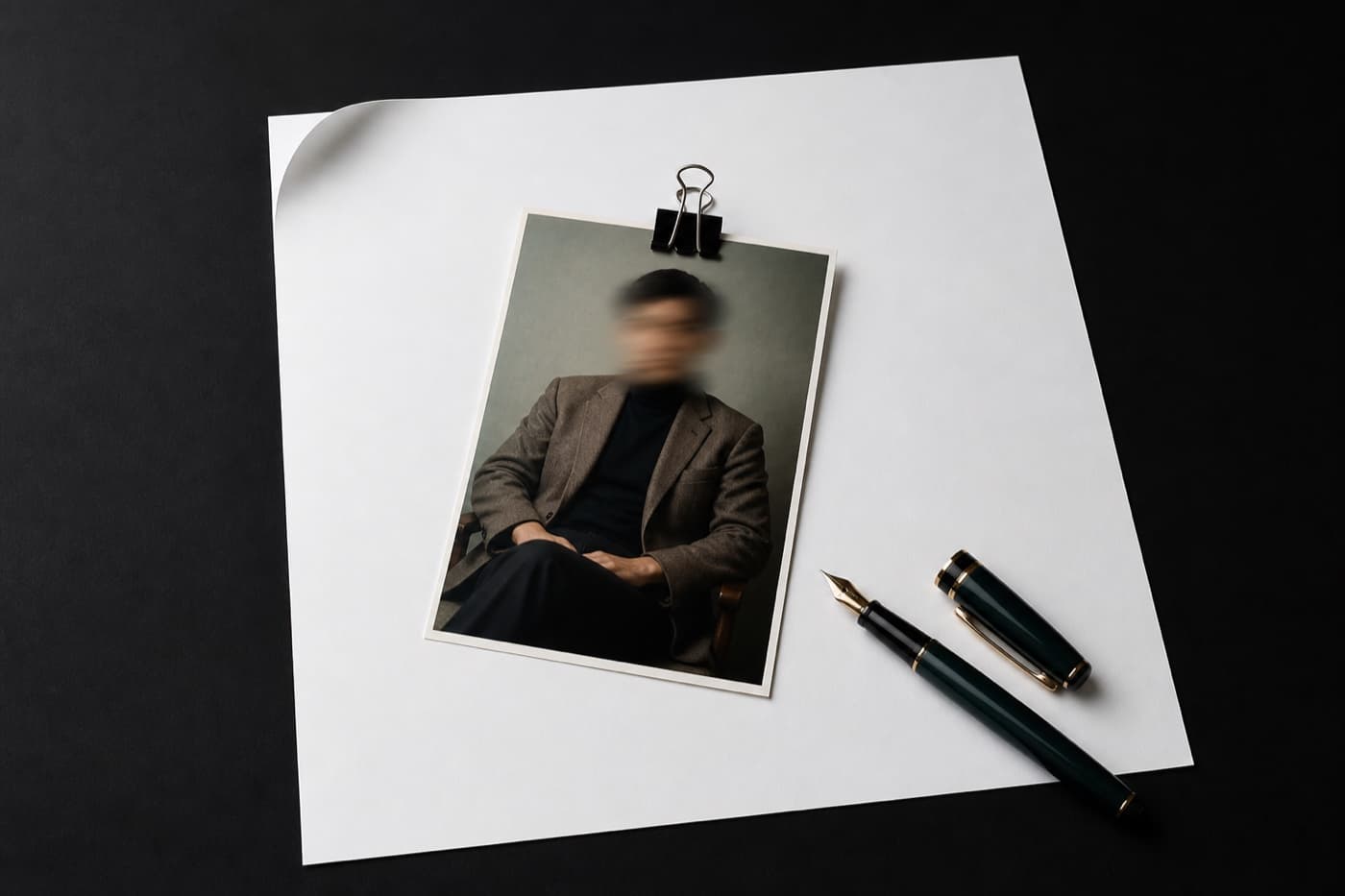 흰 종이 위에 얼굴이 흐릿한 인화 사진이 검정 클립에 물려 있고 옆에 뚜껑 열린 만년필이 놓여 있다