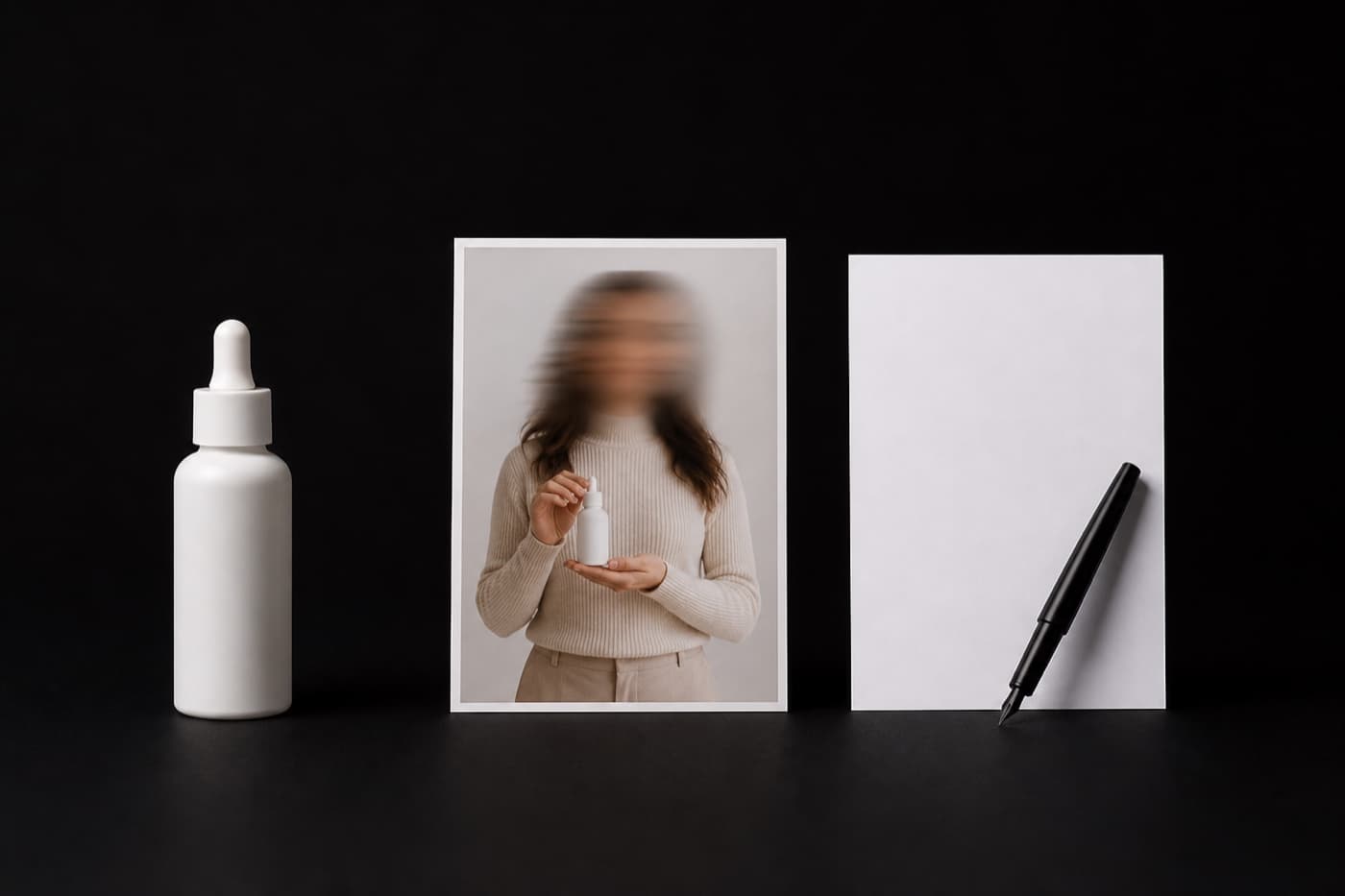 검은 테이블 위 왼쪽에 무광 흰 세럼 병, 가운데에 그 병을 든 모델의 인화 사진, 오른쪽에 빈 흰 종이와 만년필이 한 줄로 놓여 있다
