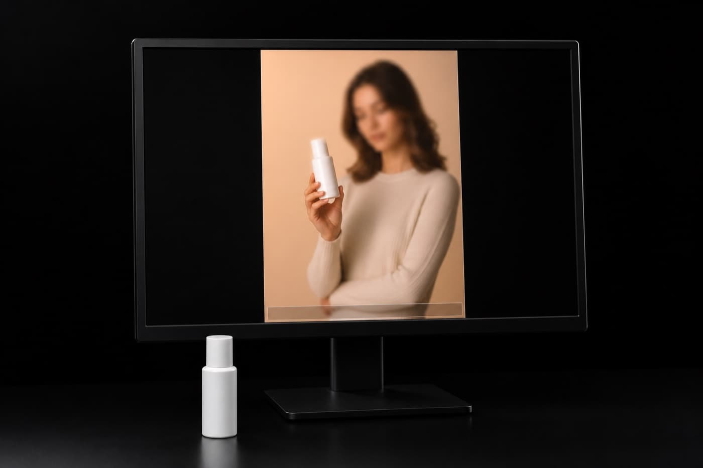 어두운 편집 데스크의 모니터에 떠 있는 광고 정지 화면, 하단에 비어 있는 자막 띠 하나
